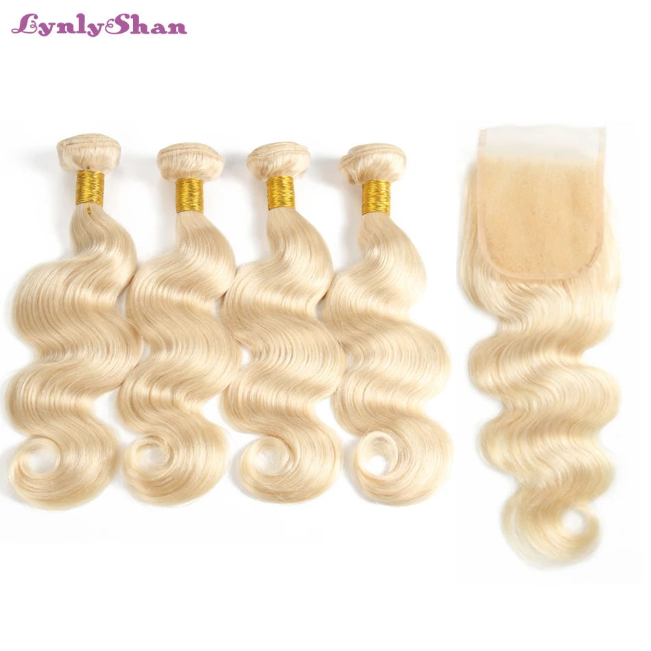 

613 Color Peruvian Body Wave Human Hair 4 Bundles with 4X4 Lace Closure Blonde Hair With Closures Remy Hair Lynlyshan Hair