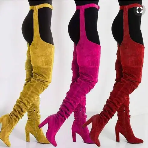 

New Fashion Solid Colors Suede Over the Knee Boots Sexy Pointed Toe Thick Heels Woman Boots 2019 Night Club Wearing Long Boots