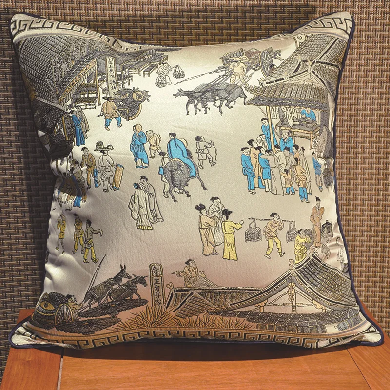 High imitation silk embroidery pillow Chinese style "Qingming River