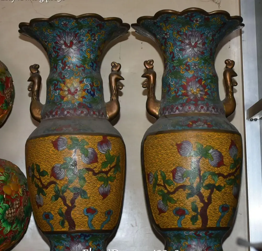 17&quot Cloisonne Bronze 24K Gold Gilt Peach Tree Phoenix Bottle Vase Flask Pot Pair | Дом и сад