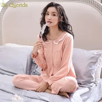 

Loungerwear Spring Autumn Pajamas 100% Cotton Homewear Lingerie Cute Pyjama Femme Ruffle Cuff Women Pijama Cotton Pyjamas Women