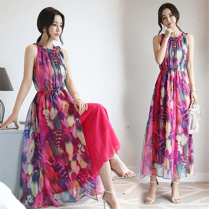 

2019 Summer Bohemian Dress Women Sleeveless Sundress Floral Print Casual Maxi Beach Dress Elegant Chiffon Dresses Robe Femme