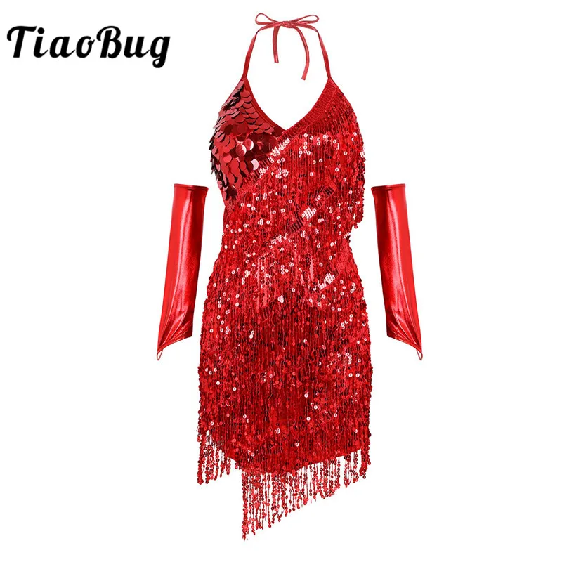 

TiaoBug Women Shiny Sequins Tassels Backless Latin Dance Dress Halter Salsa Rumba Samba Tango Stage Performance Dance Costumes