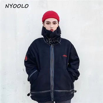 

NYOOLO Faux lambswool winter warm thick coat turn-down collar long sleeve zipper Motorcycle jacket women clothing outerwear