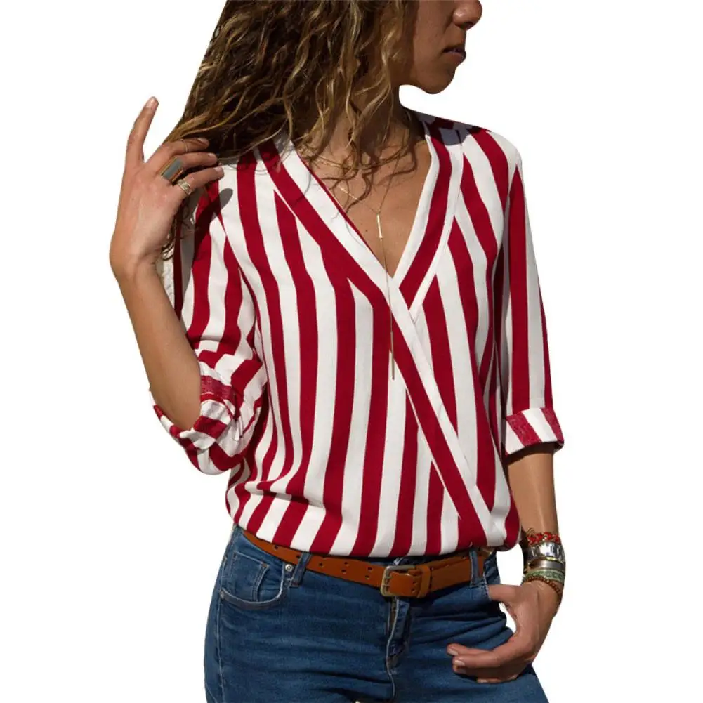 

2019 Spring Fashion Women Clothes Shirts Tops Vertical Striped V Neck Long Sleeve Chiffon Harajuku Loose Casual OL Shirt Blouse