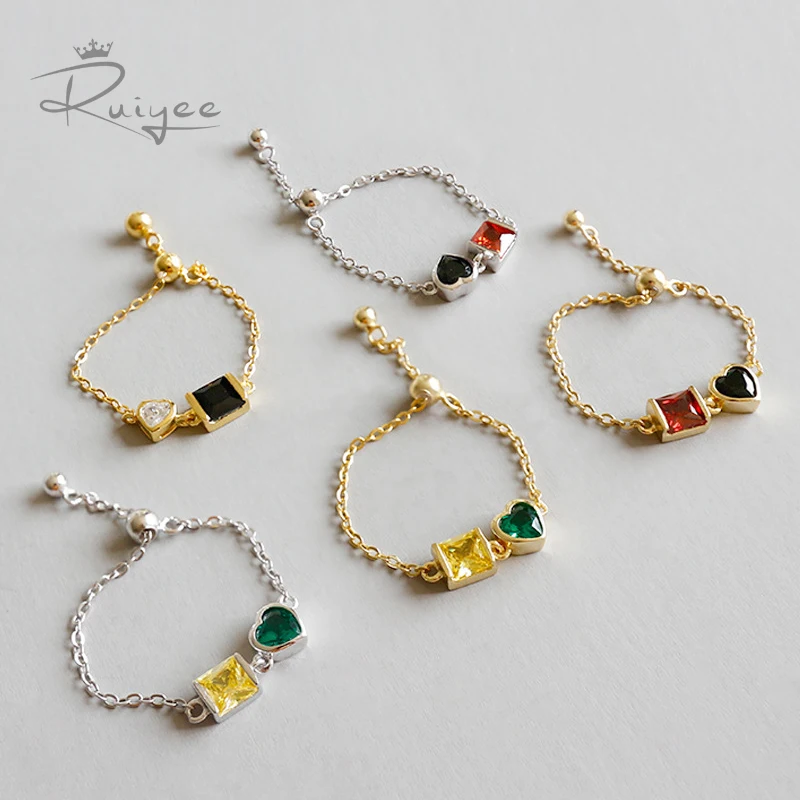 

RUIYEE ring S925 sterling silver square love AAAA zircon adjustment beads ring chain wild index finger ring ladies ring