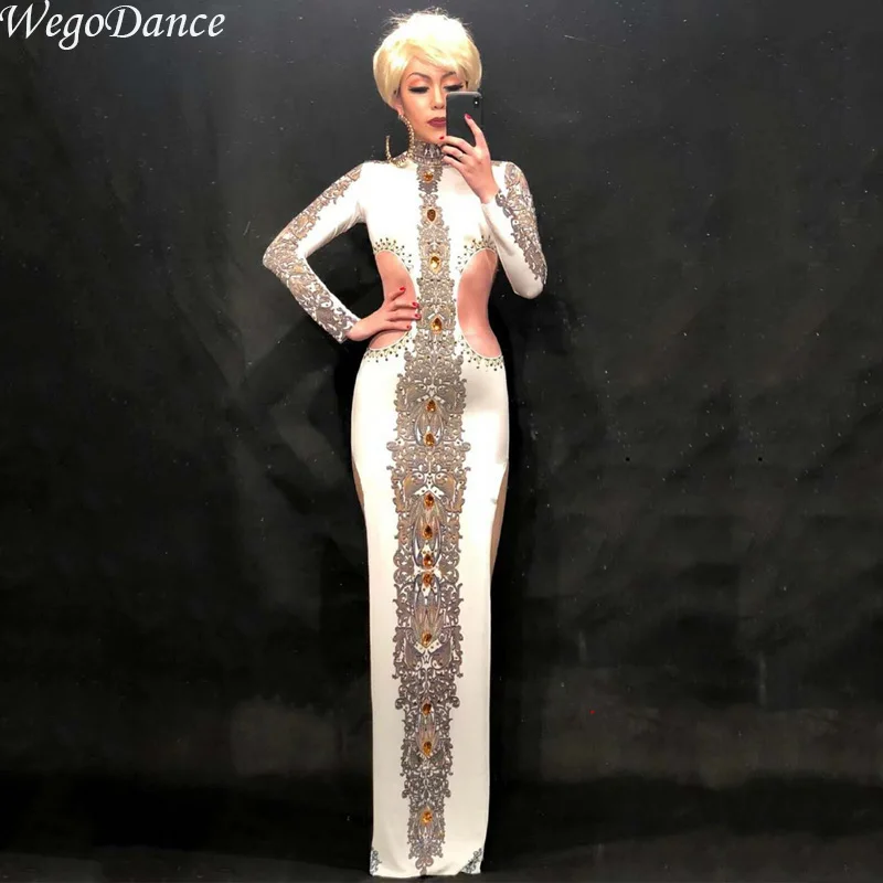 

Chinese Cheongsam White Printed Dress Women's Dance wear Female Singer Costume One-piece Nightclub Oufit Party Dresses