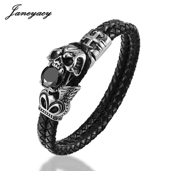 Janeyacy 2018 High Quality Fashion Genuine Leather Bracelet Stainless Steel Jewelry Cool Punk Rock Style Skull Men’s Bracelets