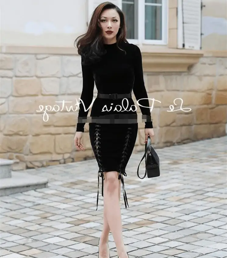 

Autumn and winter Elegant gold velvet slim stretch bib dress velvet step dress Fashion temperament vintage dress