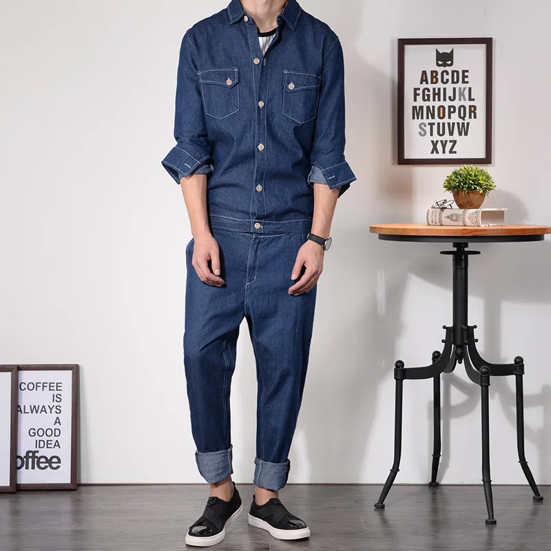 

Hip-hop Denim Jumpsuit Men's Autumn Personality Print Tooling Overalls Japanese Denim Jacket Suit male Dancer Stage Costumes !