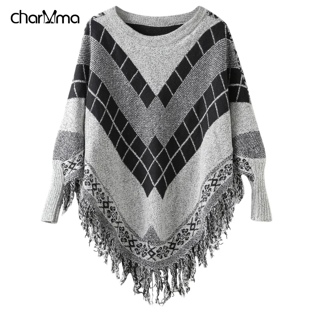 

2018 Autumn Women Sweater Batwing Knitwear Sleeve Tassel Hem Loose Pullover Blouse Irregular Cloak Poncho Cape Knitting Sweaters