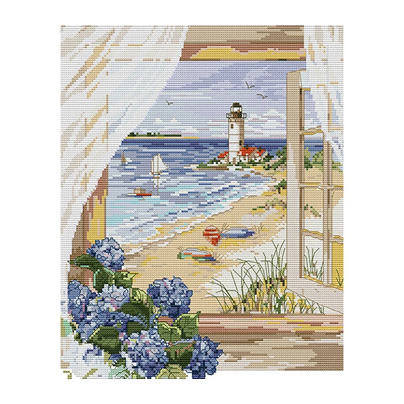 

NEW 5D DIY Diamond Painting Full Round Drill Home Decor Cross Stitch Mosaic Diamond Embroidery Seascape Outside the Window