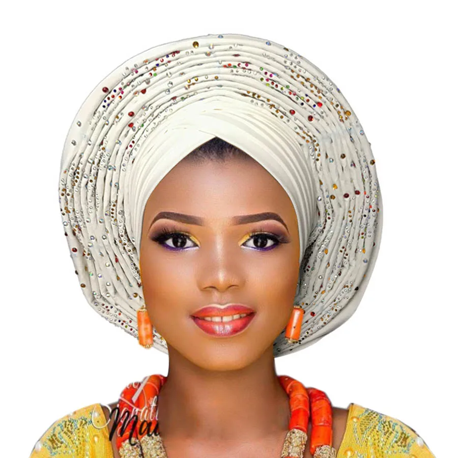 white ASO OKE головной галстук нигерийский уже сделанный может носить непосредственно головной убор - Цвет: white