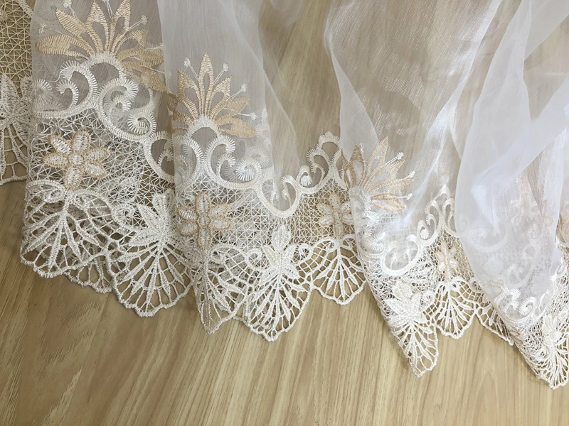 Luxury European Water Soluble Embroidery Sheer Curtain for Living room Tulle Bottom Gold Lacework Window Screen Custom WP160H