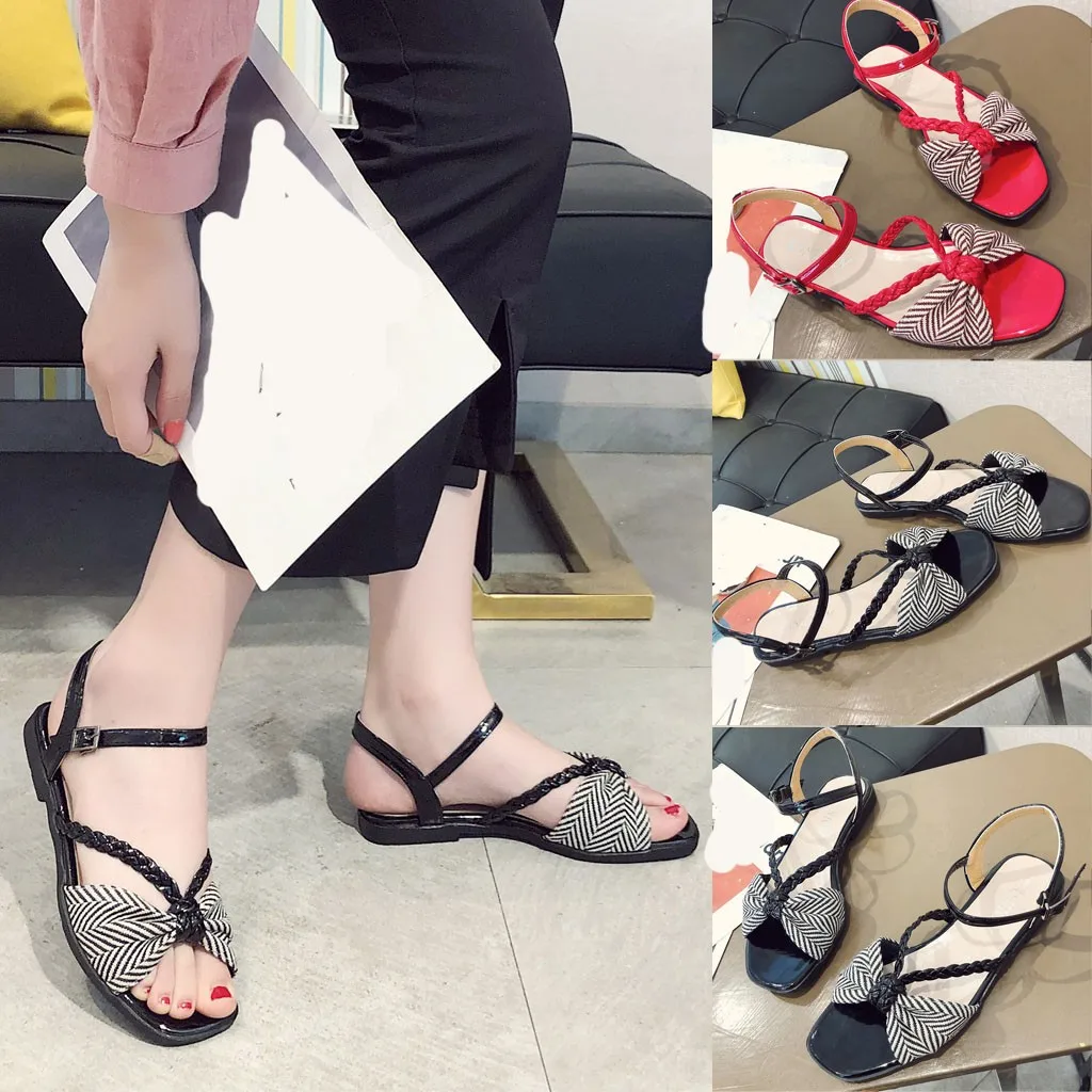 

Women's Flat with Bow Sandals Summer Striped Fish Mouth Ankle Buckle Strap Open Toe Shoes Roman style Casual Shoes black red