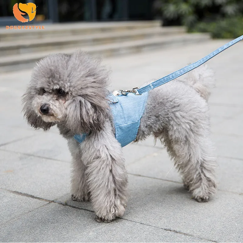 

Free shipping Soft Mesh summer Dog Harness Set Teddy Bichon Dog Pet Elastic Denim dog Leash Breathable Puppy Vest For Small Pet