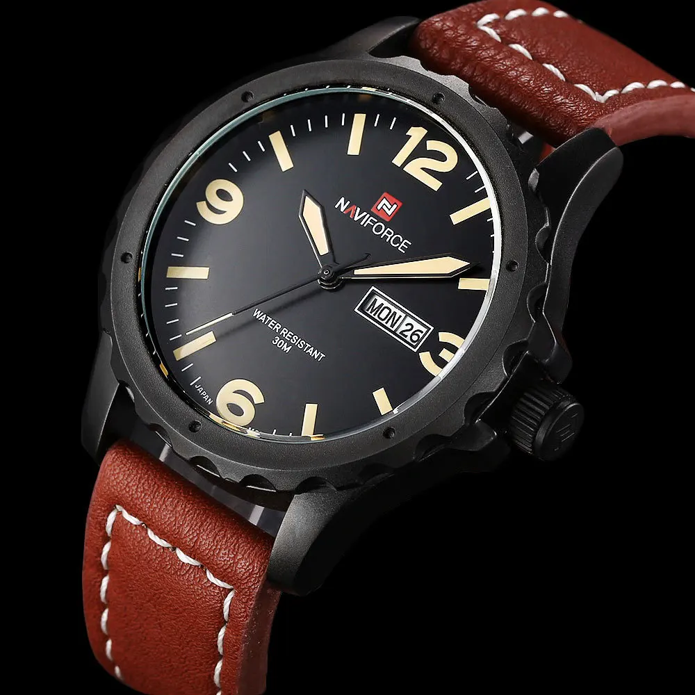 Prix pour New NAVIFORCE Relogio masculin Date jour horloge hommes bracelet en cuir poignet militaire montre de sport hommes mode Casual montre à Quartz Prix pour New NAVIFORCE Relogio masculin Date jour horloge hommes bracelet en cuir poignet militaire montre de sport hommes mode Casual montre à Quartz