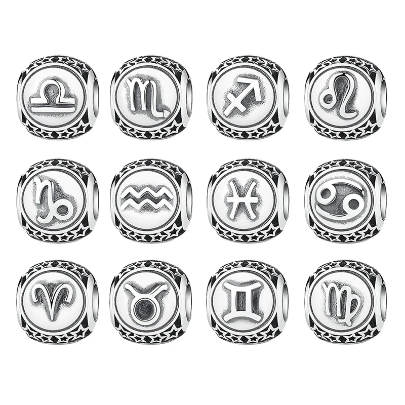 

DIY Twelve Constellations Aquarius Capricorn Pisces Aries Taurus Gemini Leo Zodiac Silve Beads Charm fit Pandora Bracelets