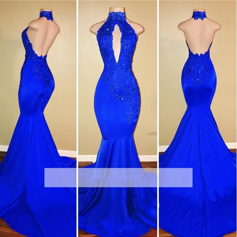 

robe de soiree 2018 Royal Blue Evening Dresses Long Mermaid High Collar Lace Appliques Backless Women Formal Prom Evening Gown