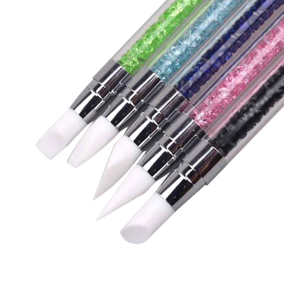 1 PCS 2-Way Use Silicone Head Nail Art Brush Rhinestone Acrylic Handle Dual-end Sculpture Pens for Emboss Carving Manicure Tools