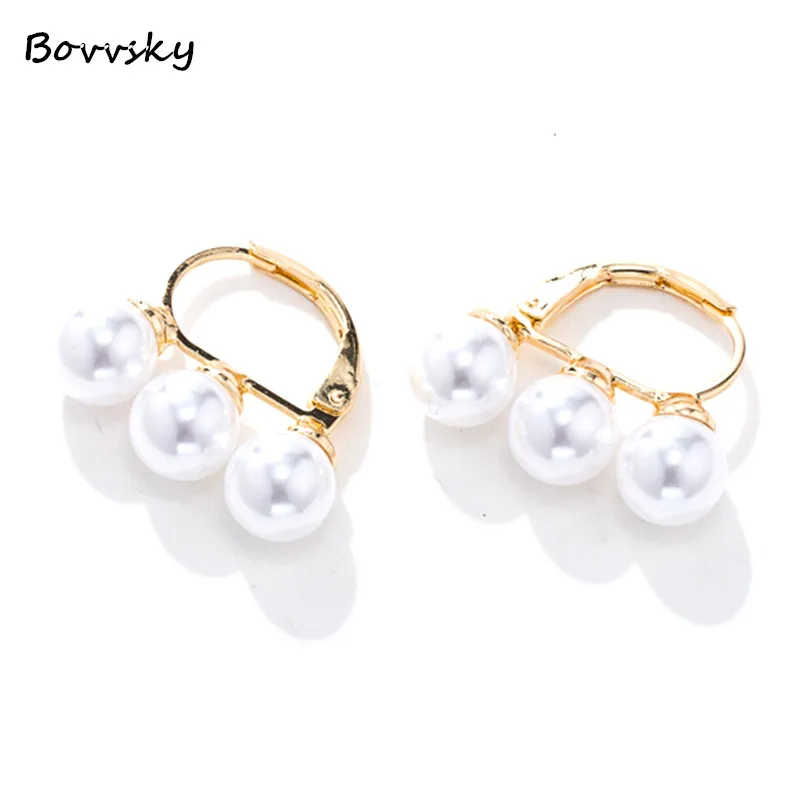 

Bovvsky Elegant Pearl Balance Beam One Line Beads Ball Metal Gold Circle Pearl Small Stud Earrings for Women Girl Party Gift