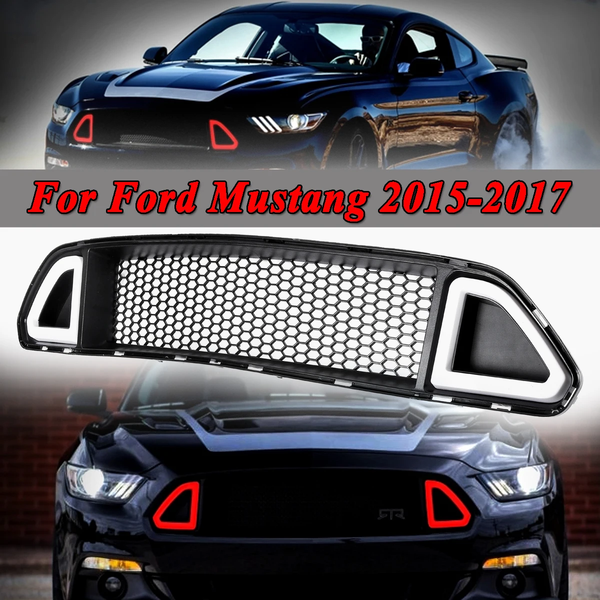 

High Quality Car Racing Grille Grill For Ford For Mustang 2015 2016 2017 Radiator Mesh Front Hood Bumper Modify DRL LED Light
