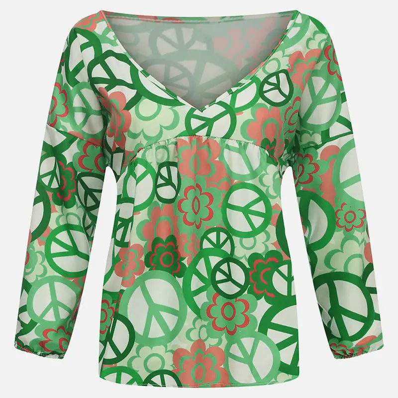 Plus Size 5XL Peace Mark Floral Patchwork Women Tunic 2019 Summer V Neck Ruffles Print Beach Holiday Female Blouses Lady Shirt