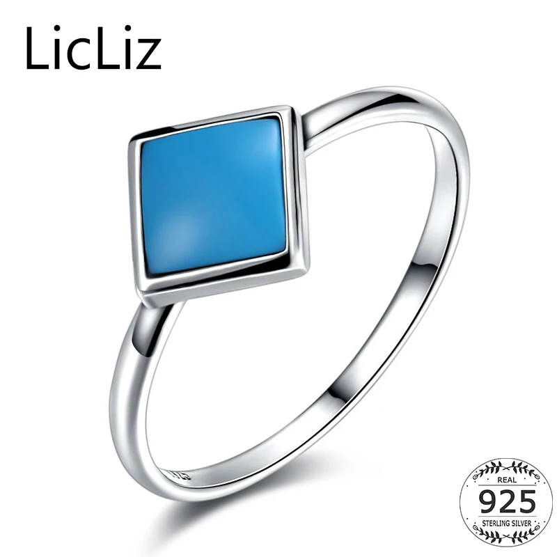 

LicLiz 925 Sterling Silver Geometric Square Rings For Women Finger Green Stone Semi Gemstone Turquoise Ring Wedding Band LR0545