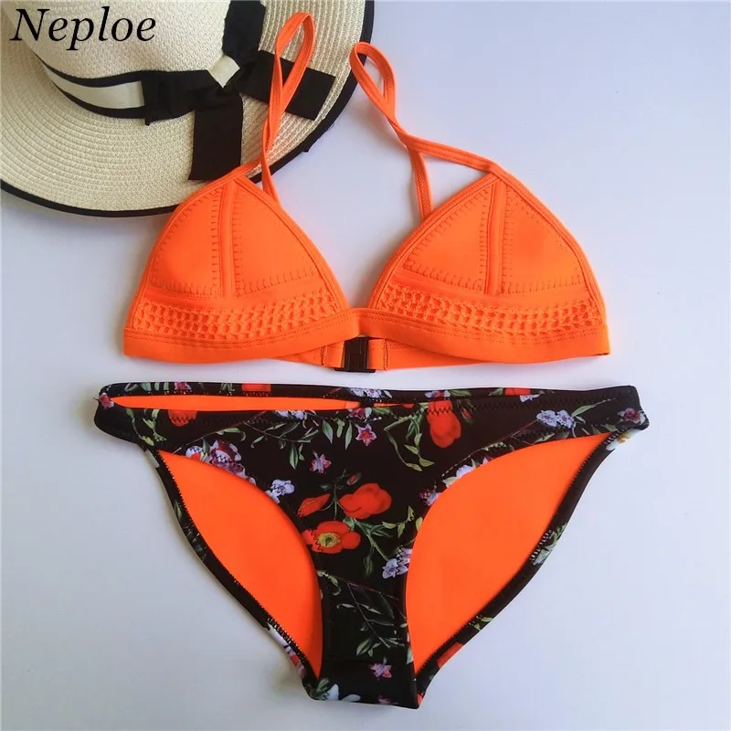 Neploe Hot Sale Neoprene Women Bikinis European Floral Printed Patchwork Bikini Set Two piece