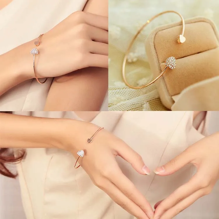 

New Women Trendy Jewelry Double Peach Heart Love Gold Color Crystal Opening Bracelet Gift