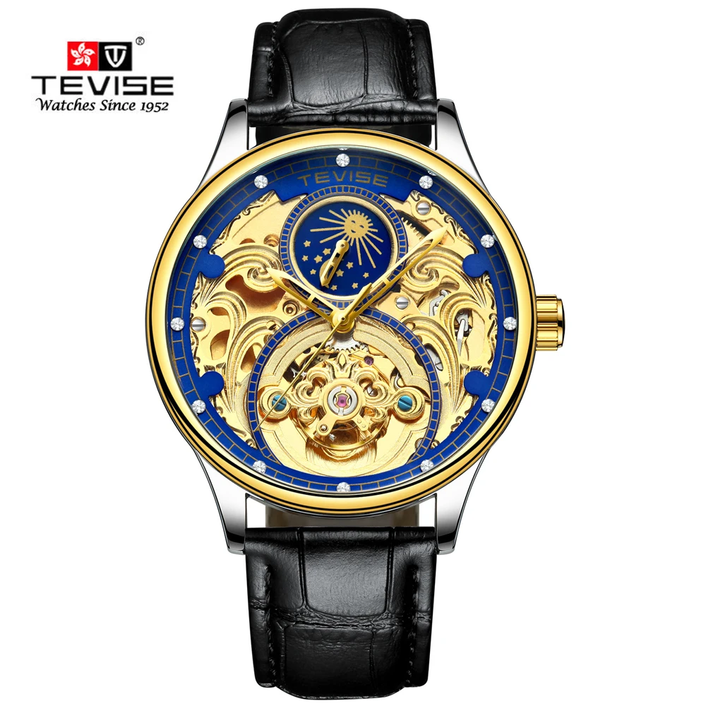 Tevise التلقائي ووتش الرجال ساعات آلية الجوف الهيكل العظمي الذاتي لف الذكور العلامة التجارية الفاخرة الرياضة ساعة معصم Relogio Masculino
