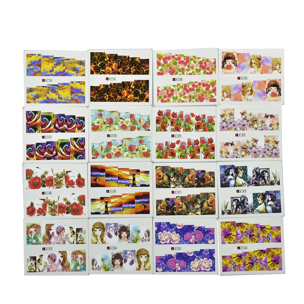 48 листов, набор, наклейки для украшения ногтей, цветок/мультфильм/картина маслом/Пейзаж/девушка, смешанный дизайн, водяной знак, инструмент для A145-192