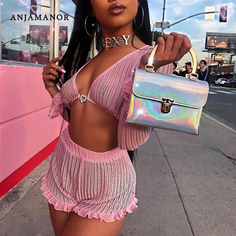

ANJAMANOR Ruffle Pink Mesh 2 Pieces Women Set Crop Top and Shorts Sexy Summer Festival Matching Sets Club Outfits D58-AD70