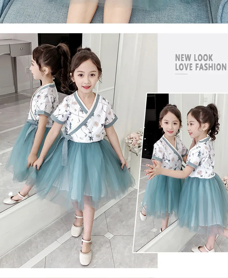 Новый китайский Hanfu платье для девочки Hanfu юбка летняя балетная юбка принцесса стиль балетная пачка для девушек детский сценический костюм