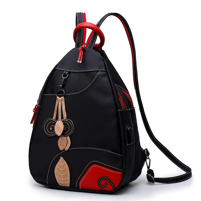Nylon negro plástico impermeable de Mujeres de viaje de compras Mochila que puerto de carga USB externo Casual bolso Escolar Mochila