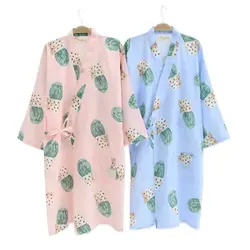 Свежий кактус Весна кимоно халаты для женщин с длинным рукавом простая Ночная рубашка 100% хлопок халаты в японском стиле Spa