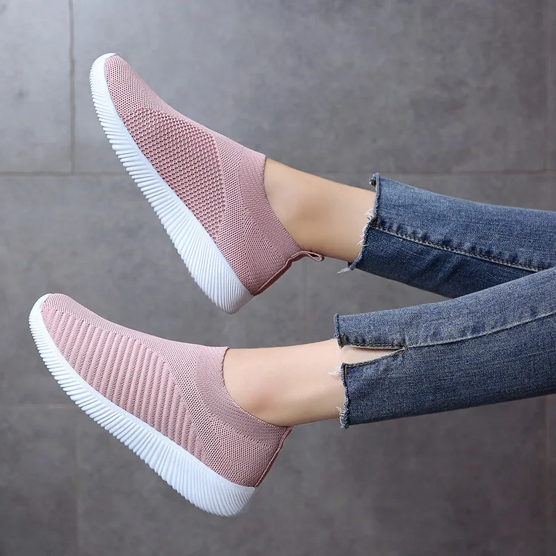 

35-43 Women Plus Size Spring Sneakers Female Vulcanized Shoes Knitting Sock Stretch Slip On Flat Shoes Mesh Soft Walking