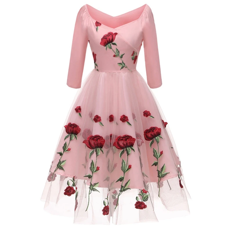 Женское элегантное винтажное платье с 3/4 рукавом и вышивкой розы, Повседневные Вечерние весенние сексуальные платья миди с открытыми плечами и v-образным вырезом, официальное зимнее платье