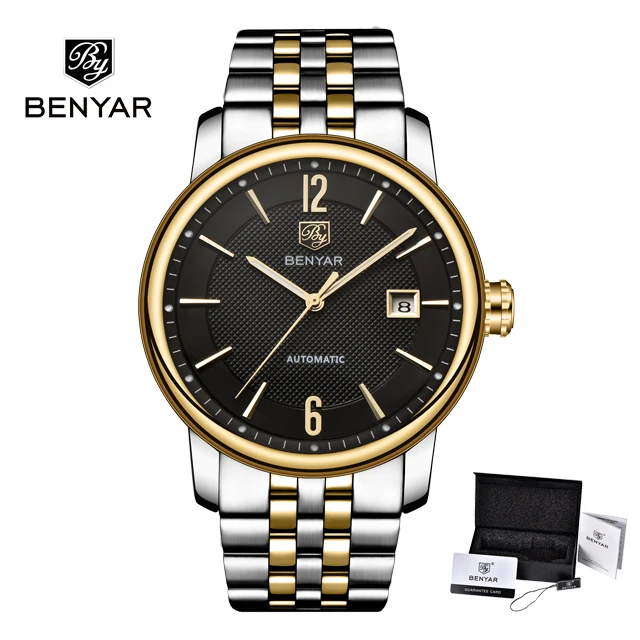 Steel Gold Black Новые BENYAR Брендовые мужские часы бизнес класса люкс кожа/нержавеющая сталь Ремешок Модные кварцевые наручные часы Дата Водонепроницаемый Relogio - Цвет: Steel Gold Black