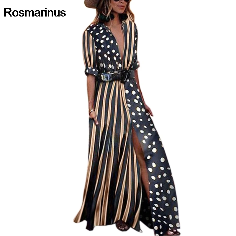 

Deep V Neck Sexy Dress Women Summer Short Sleeve Polka Dot Multicolor Pint High Split Elegant Clubwear Dress Long Party Dresses