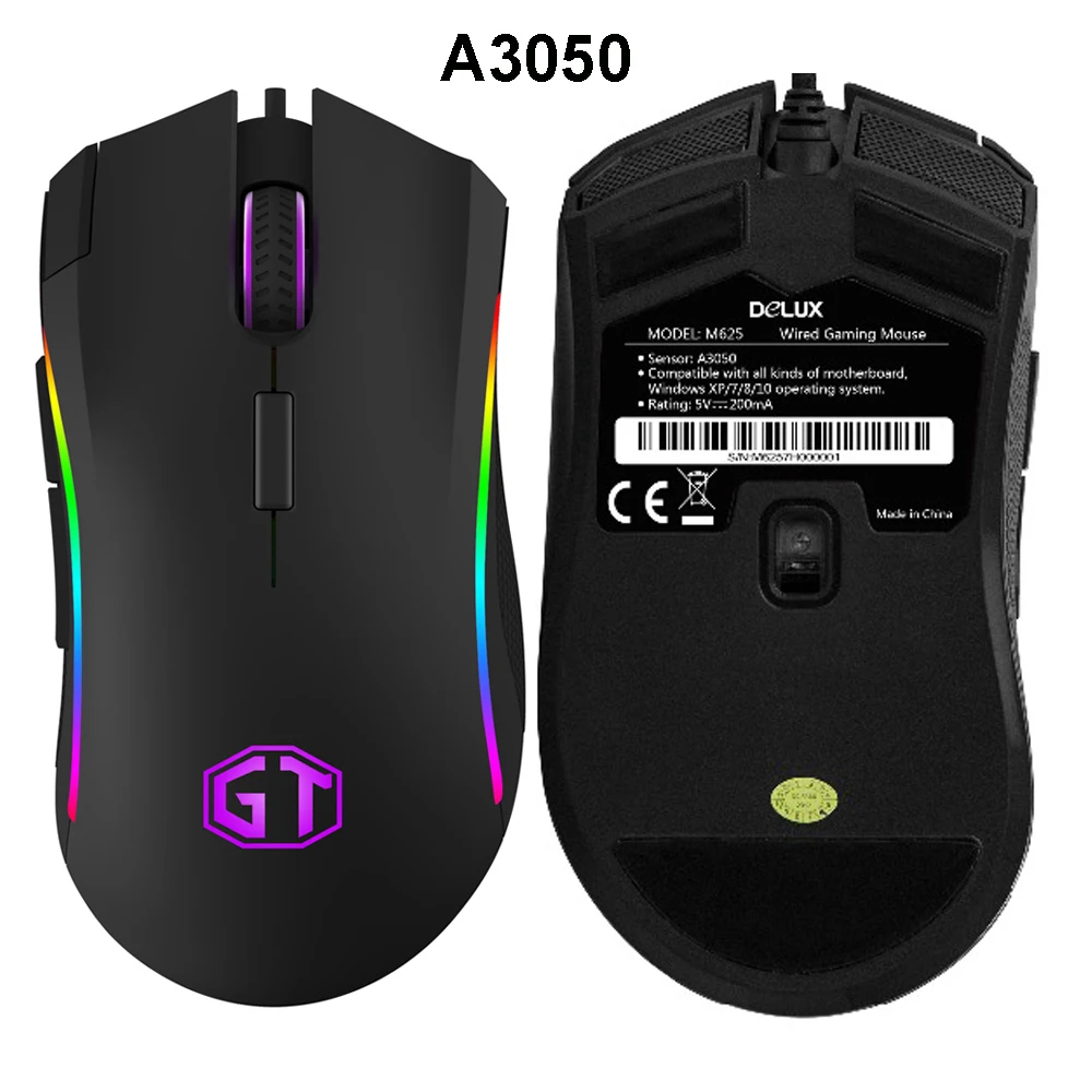 Delux M625 A3050 RGB Backlight Gaming Mouse 4000 DPI 7 Programmable Buttons USB Wired Mice For Overwatch LoL Game For PC Laptop