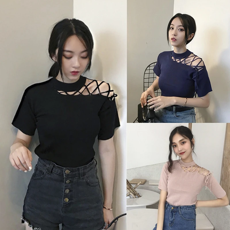 Fashion Hollow Out Women Summer Sweaters Cotton Blend Thin Pullovers Ladies Knitwear Knitting Shirt Short Sleeve Tops