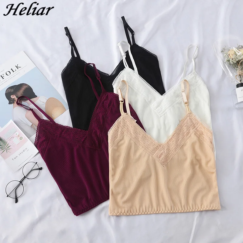 

HELIAR 2019 Summer Women Crop Tops Sleeveless V-Neck Lace Underwear Tank Tops Solid Strap Crop Tops Lady Camisole