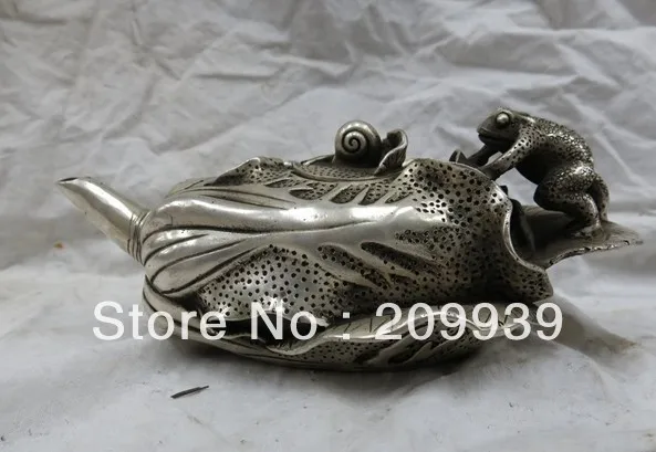 

001525 9 inch tibet bronze silver plating Chinese cabbage snail frog pot kettle bottle statue