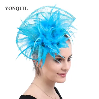 

Turquoise sinamay fascinator headband derby kentucky bridal hair accessories with Plump feather millinery cocktail hats MYQ032