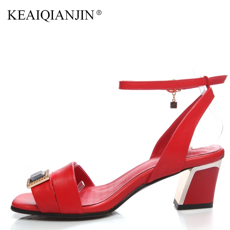 

KEAIQIANJIN Woman Peep Toe Crystal Sandal Genuine Leather White High Heels Shoes Plus Size 33 43 Summer Open Toe Black Sandals