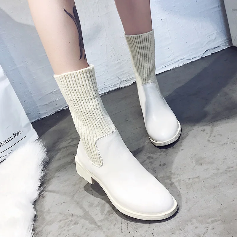 Zapatos Botas Beige 2018 Negro Casuales Para Otoño Mujeres Moda Beige Botines Deslizamiento Tacón De En Bajo Las Invierno Talón negro FPgUdqw