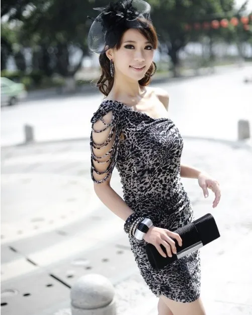 2013 New Women's Girls Sexy Evening Nightclub Party Ball One Sleeve Off Shoulder Slim Tassels Leopard Dress Free Shipping 014 | Женская