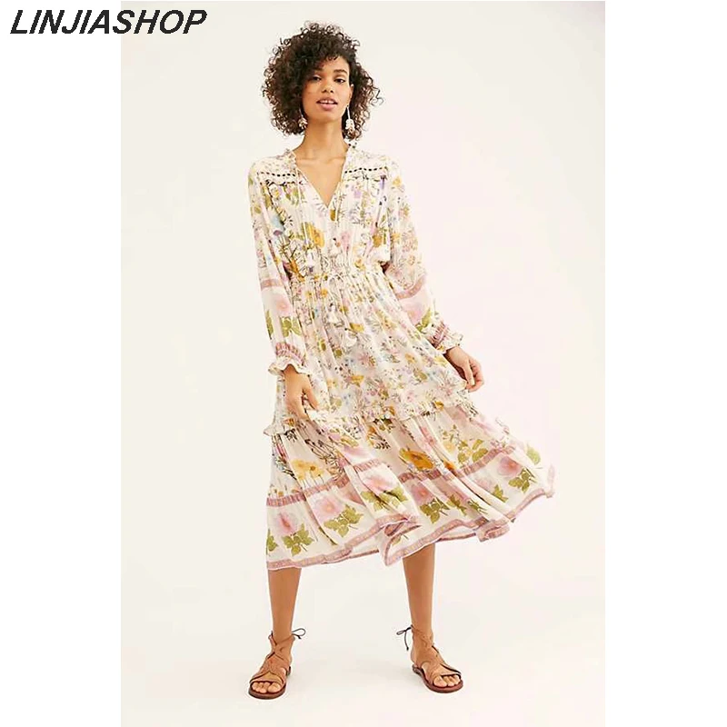 

Elegant beige ruffles dresses v neck long sleeve A line natural waist pleated plus size bloggers print dress new arrivals 2019