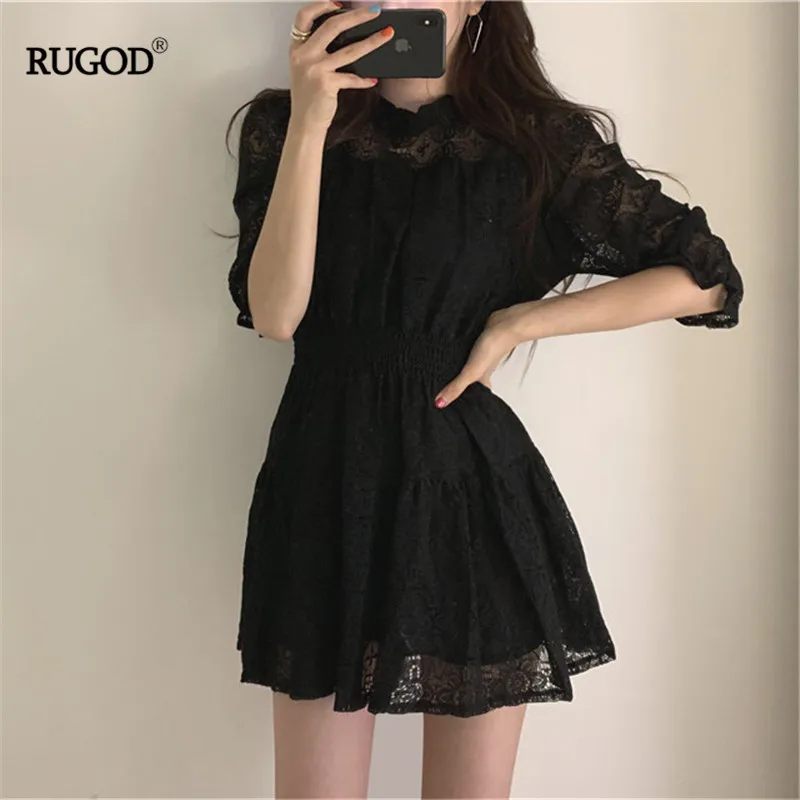 Женское ажурное платье RUGOD с кружевными краями однотонное летнее высокой